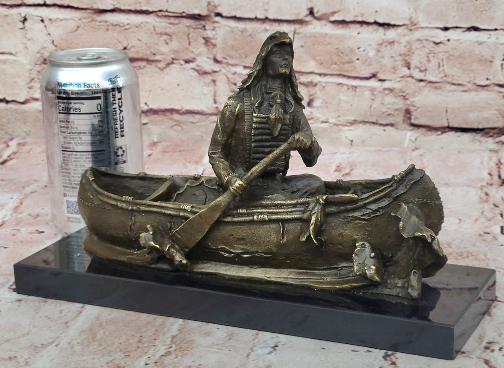 Native American Indian Man in Canoe Bronze Statue Sculpture Figure 7" x 10"