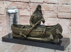 Native American Indian Man in Canoe Bronze Statue Sculpture Figure 7" x 10"