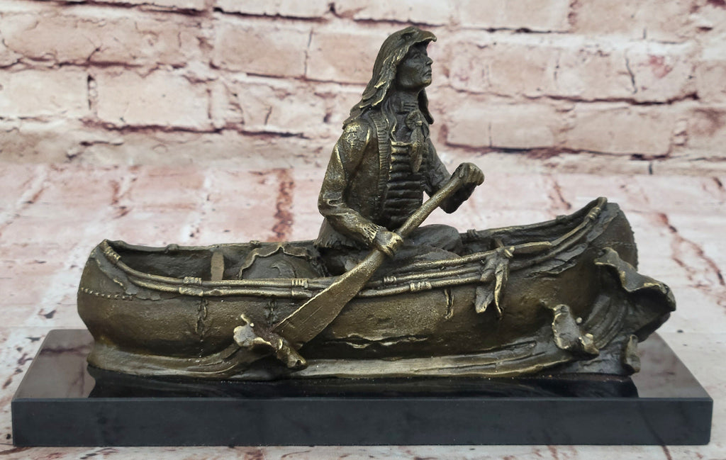 Native American Indian Man in Canoe Bronze Statue Sculpture Figure 7" x 10"