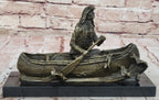 Native American Indian Man in Canoe Bronze Statue Sculpture Figure 7" x 10"