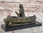 Native American Indian Man in Canoe Bronze Statue Sculpture Figure 7" x 10"