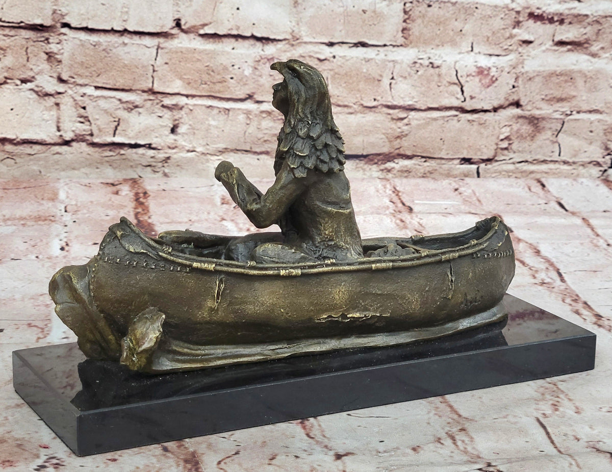 Native American Indian Man in Canoe Bronze Statue Sculpture Figure 7" x 10"