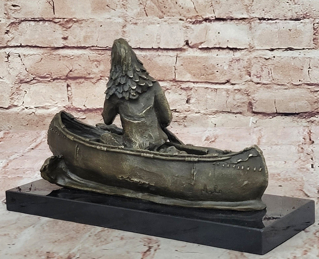 Native American Indian Man in Canoe Bronze Statue Sculpture Figure 7" x 10"
