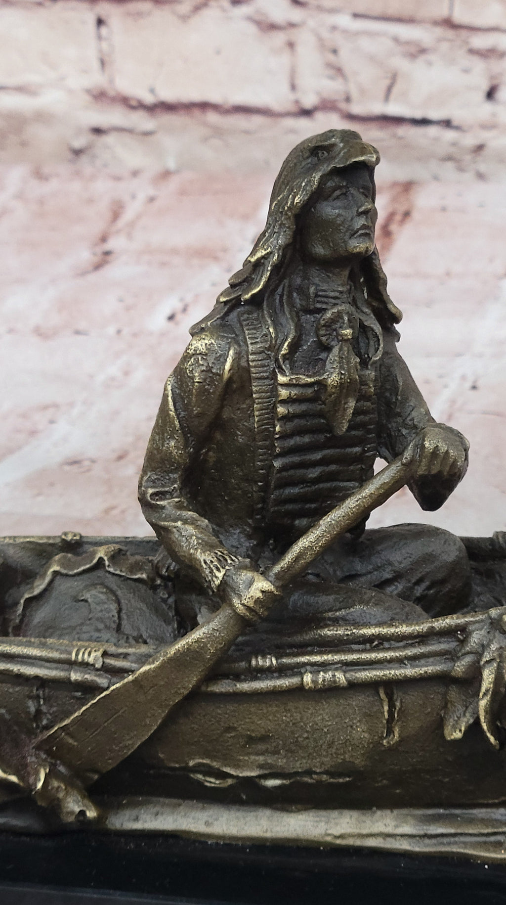 Native American Indian Man in Canoe Bronze Statue Sculpture Figure 7" x 10"