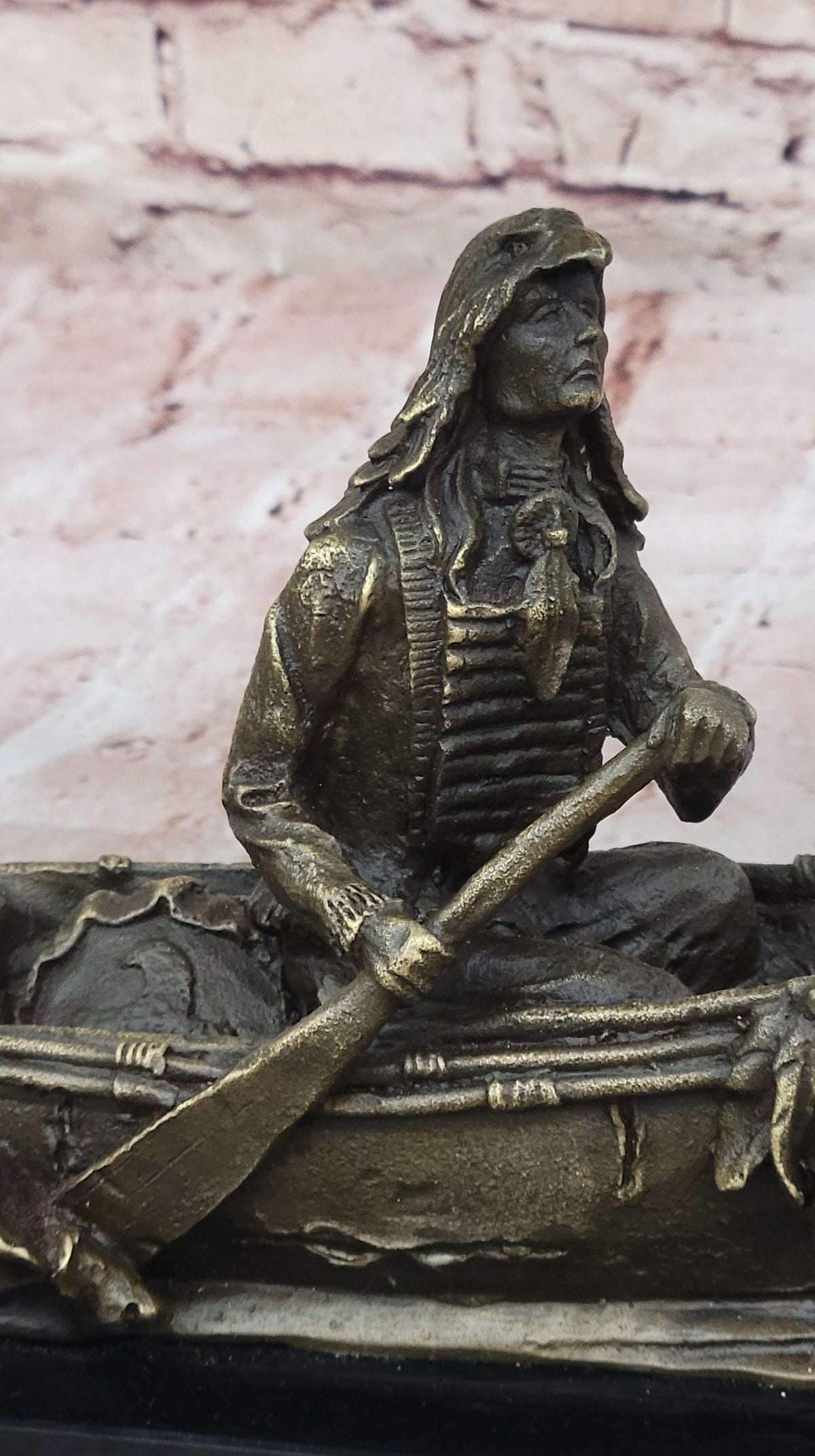 Native American Indian Man in Canoe Bronze Statue Sculpture Figure 7" x 10"