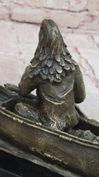 Native American Indian Man in Canoe Bronze Statue Sculpture Figure 7" x 10"