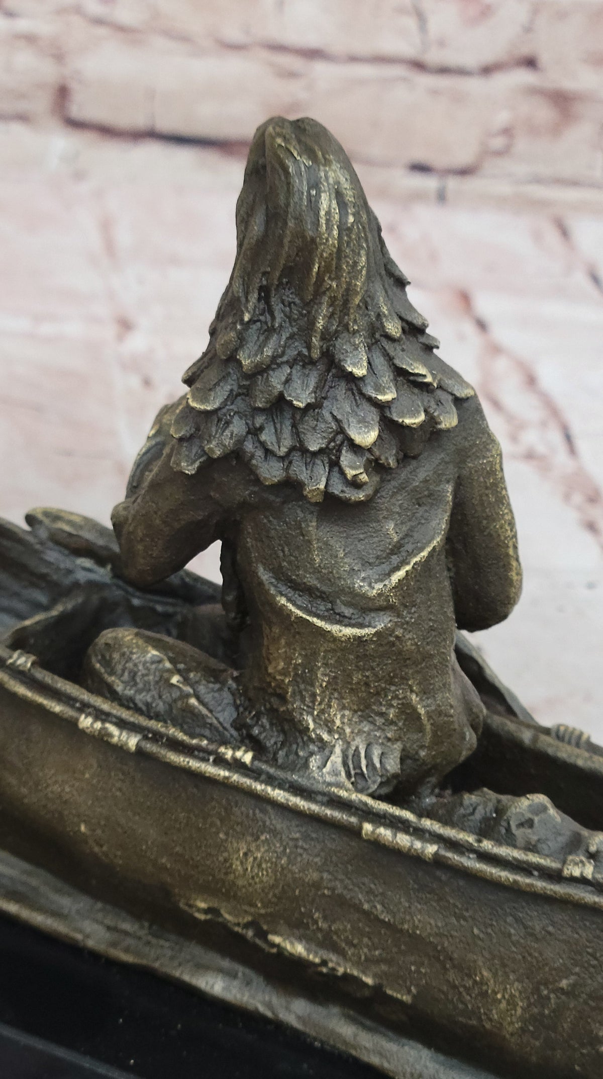 Native American Indian Man in Canoe Bronze Statue Sculpture Figure 7" x 10"