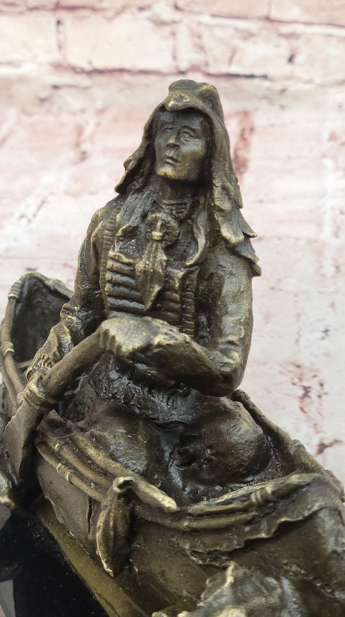 Native American Indian Man in Canoe Bronze Statue Sculpture Figure 7" x 10"