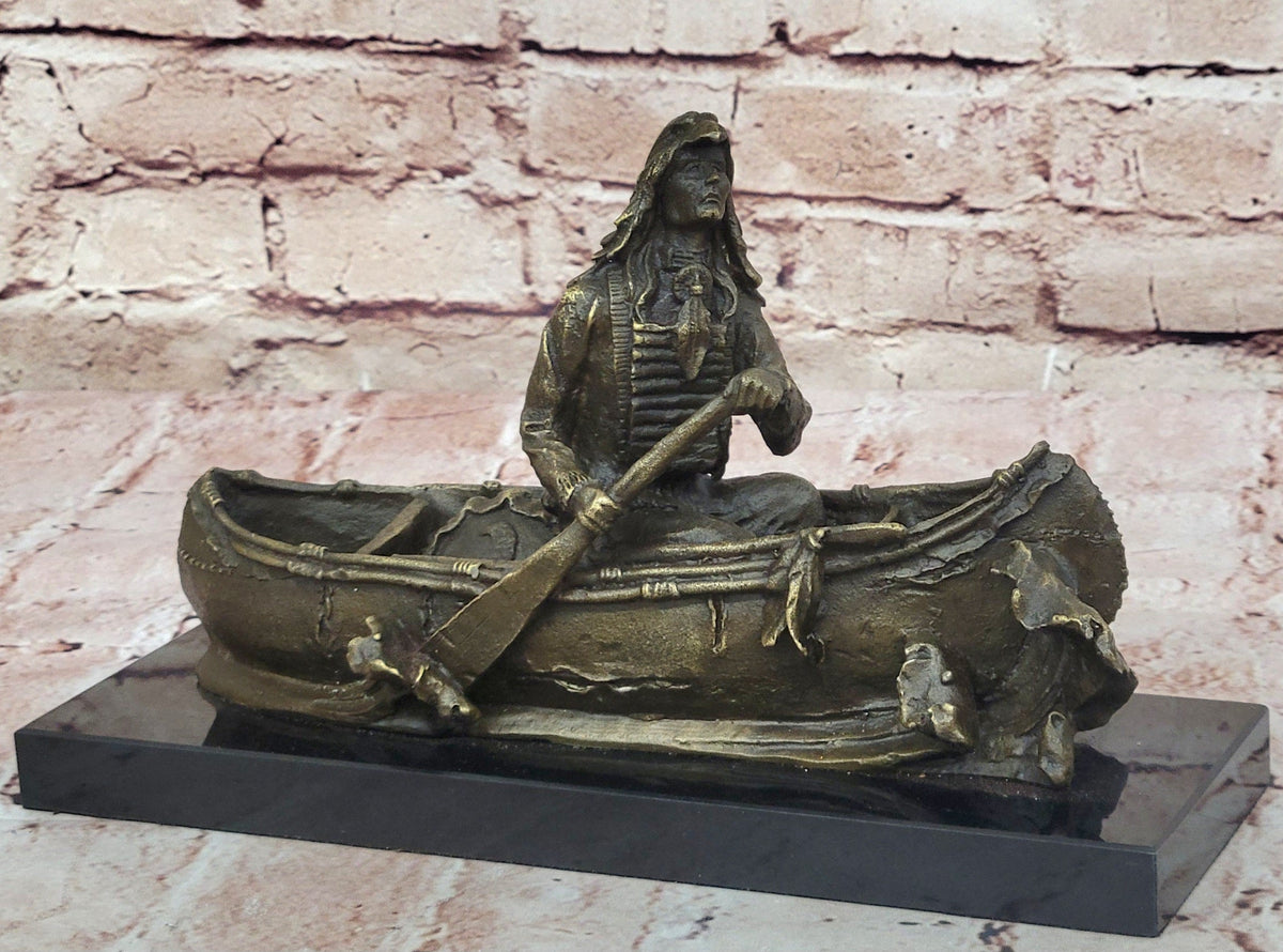 Native American Indian Man in Canoe Bronze Statue Sculpture Figure 7" x 10"