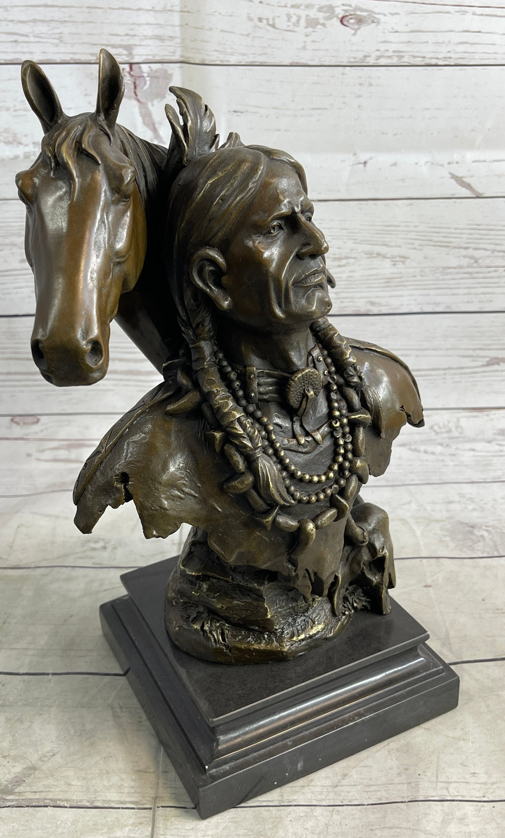 Native American Man & Horse Bronze Bust Statue Sculpture Western Art 14" x 10"