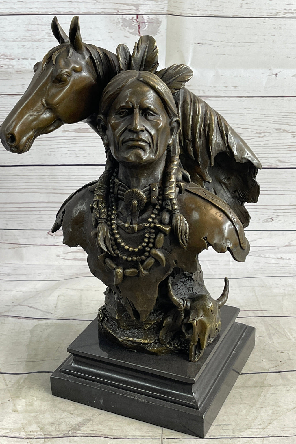 Native American Man & Horse Bronze Bust Statue Sculpture Western Art 14" x 10"