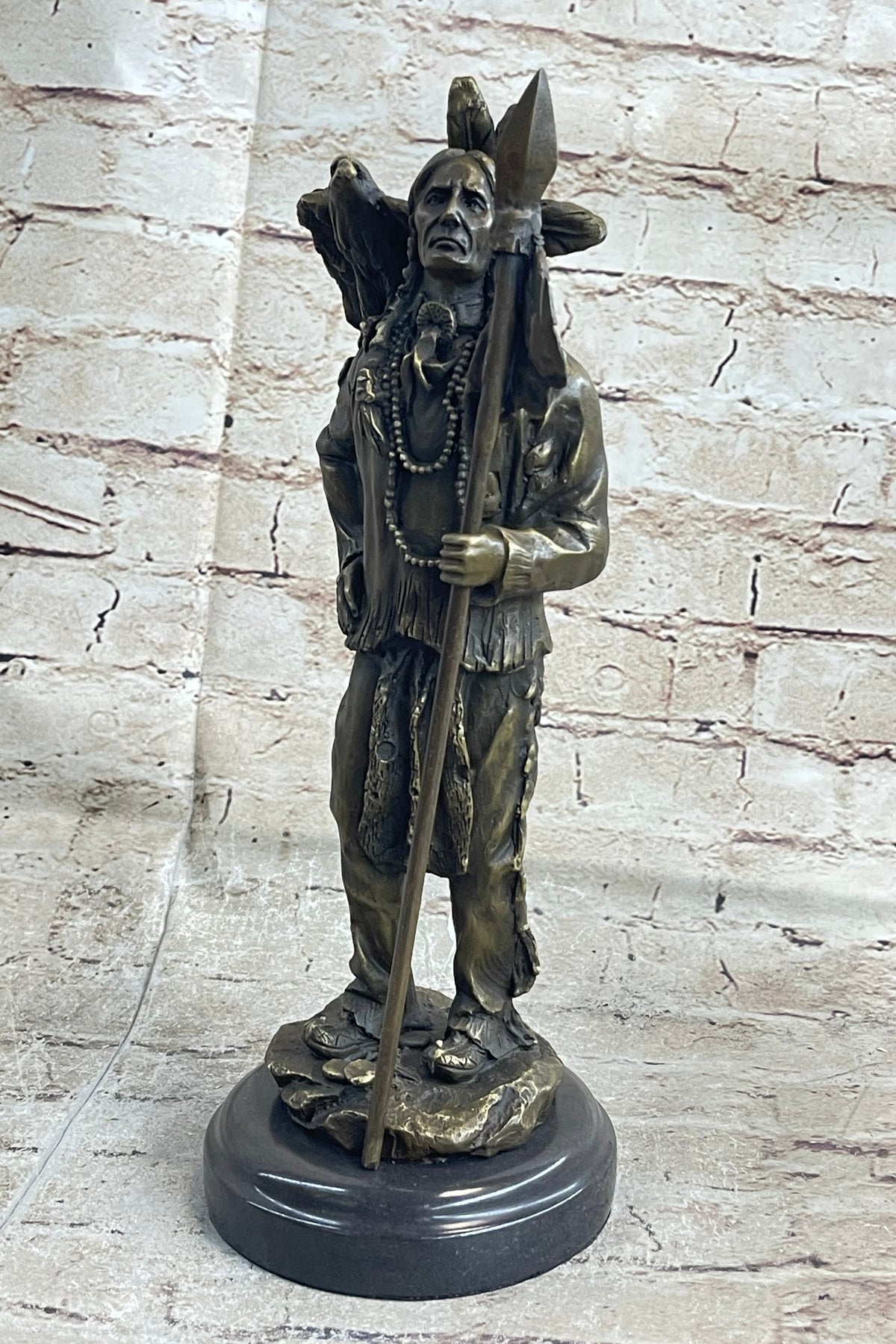 Native American Warrior and Eagle Sculpture Signed Original M. Lopez Bronze