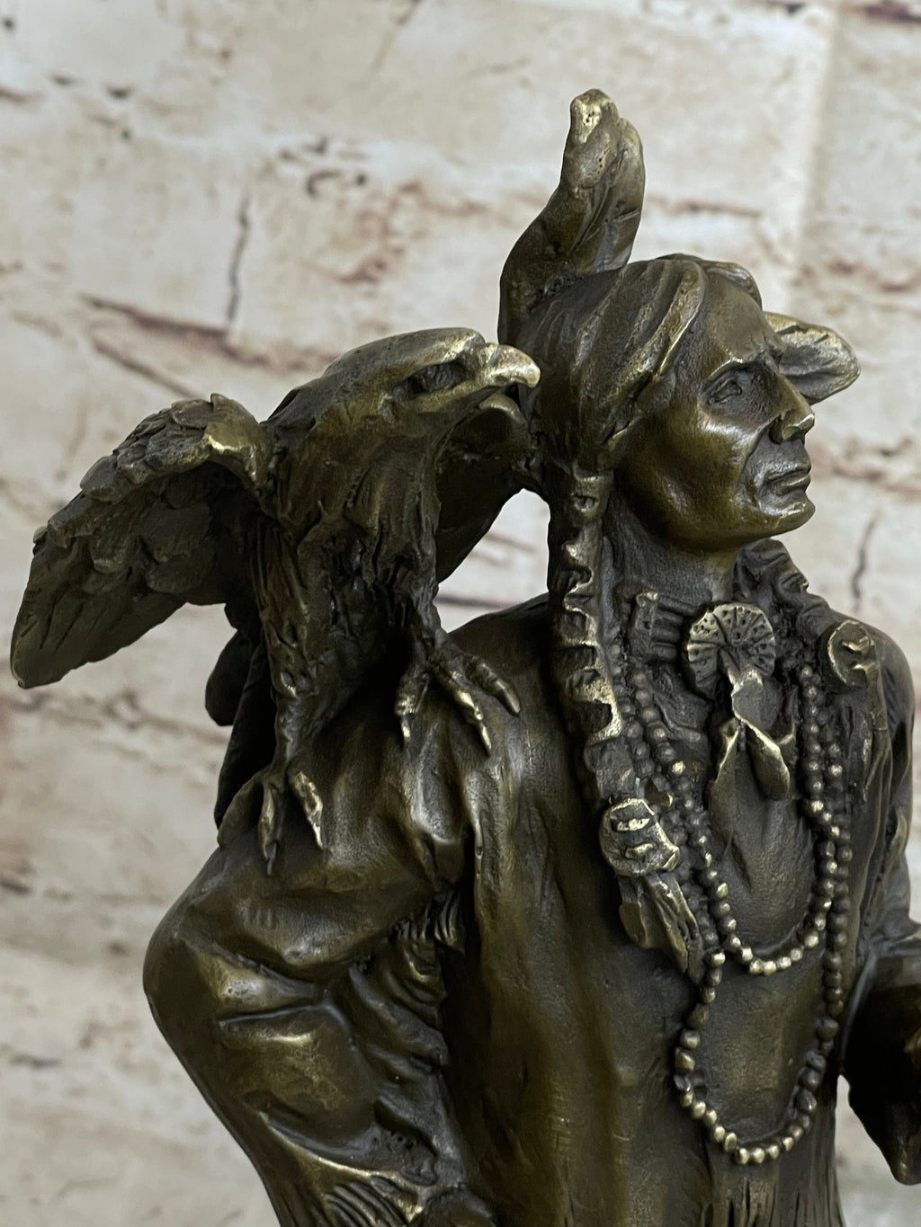 Native American Warrior and Eagle Sculpture Signed Original M. Lopez Bronze