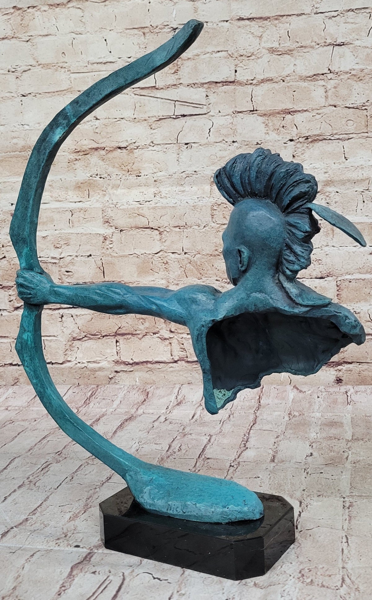 Native American Indian Mohawk Archer Pulling Bow Bronze Sculpture by Mario Nick