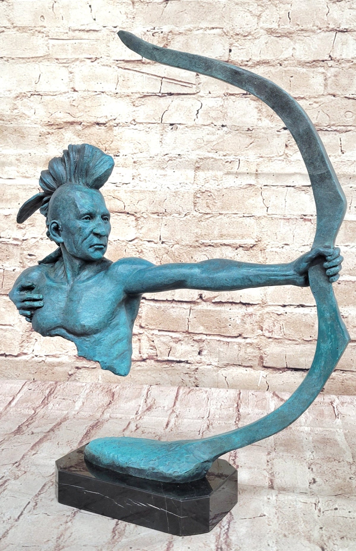 Native American Indian Mohawk Archer Pulling Bow Bronze Sculpture by Mario Nick