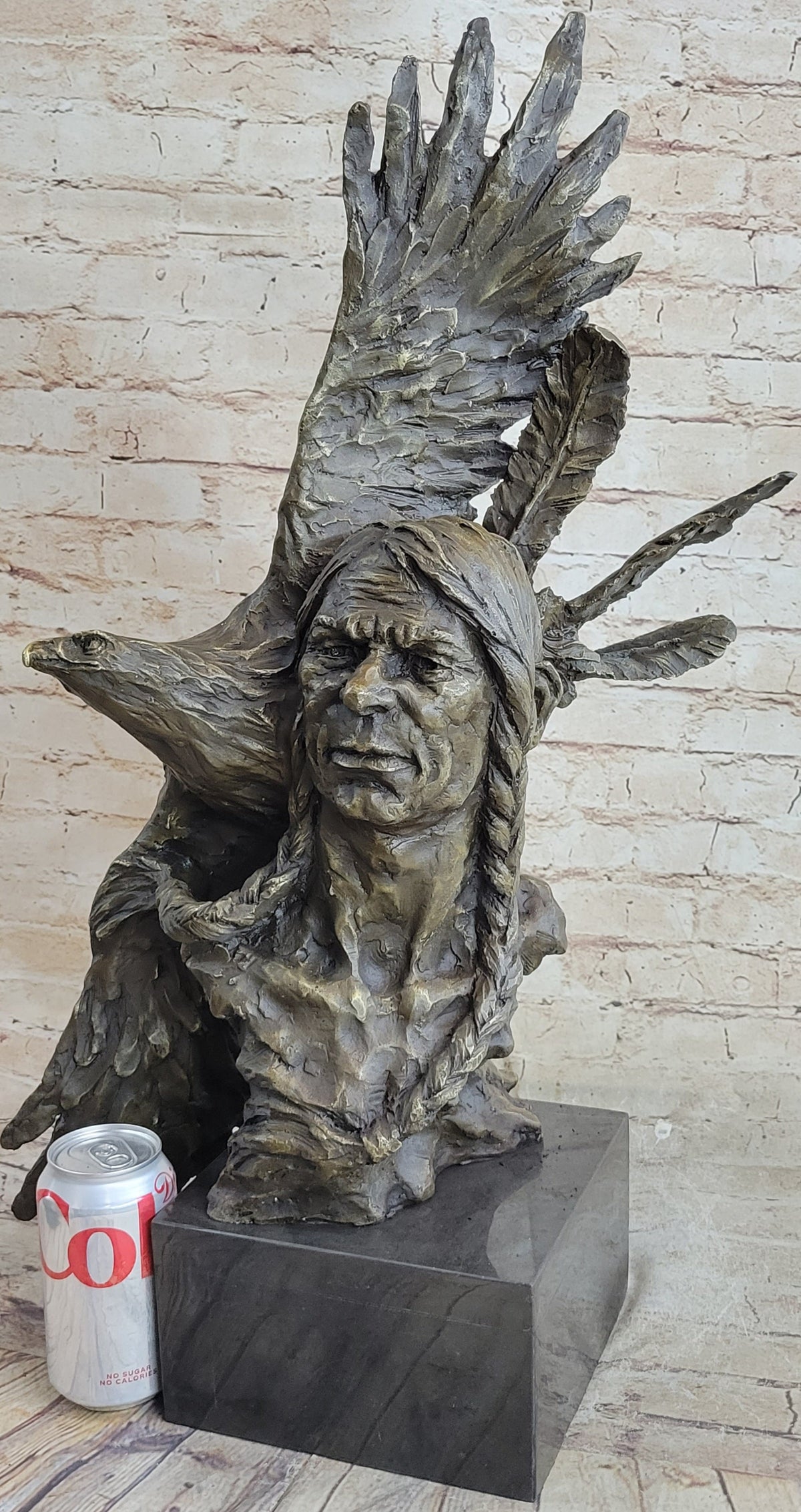Native American Indian Man and Eagle - Bronze Bust Sculpture by Milo