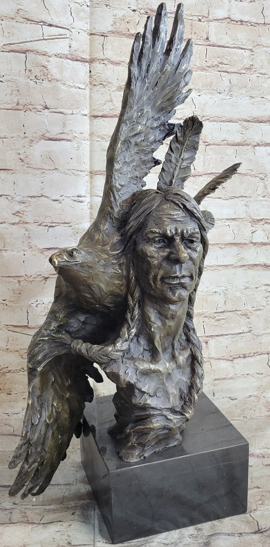 Native American Indian Man and Eagle - Bronze Bust Sculpture by Milo