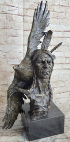 Native American Indian Man and Eagle - Bronze Bust Sculpture by Milo