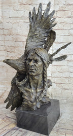 Native American Indian Man and Eagle - Bronze Bust Sculpture by Milo