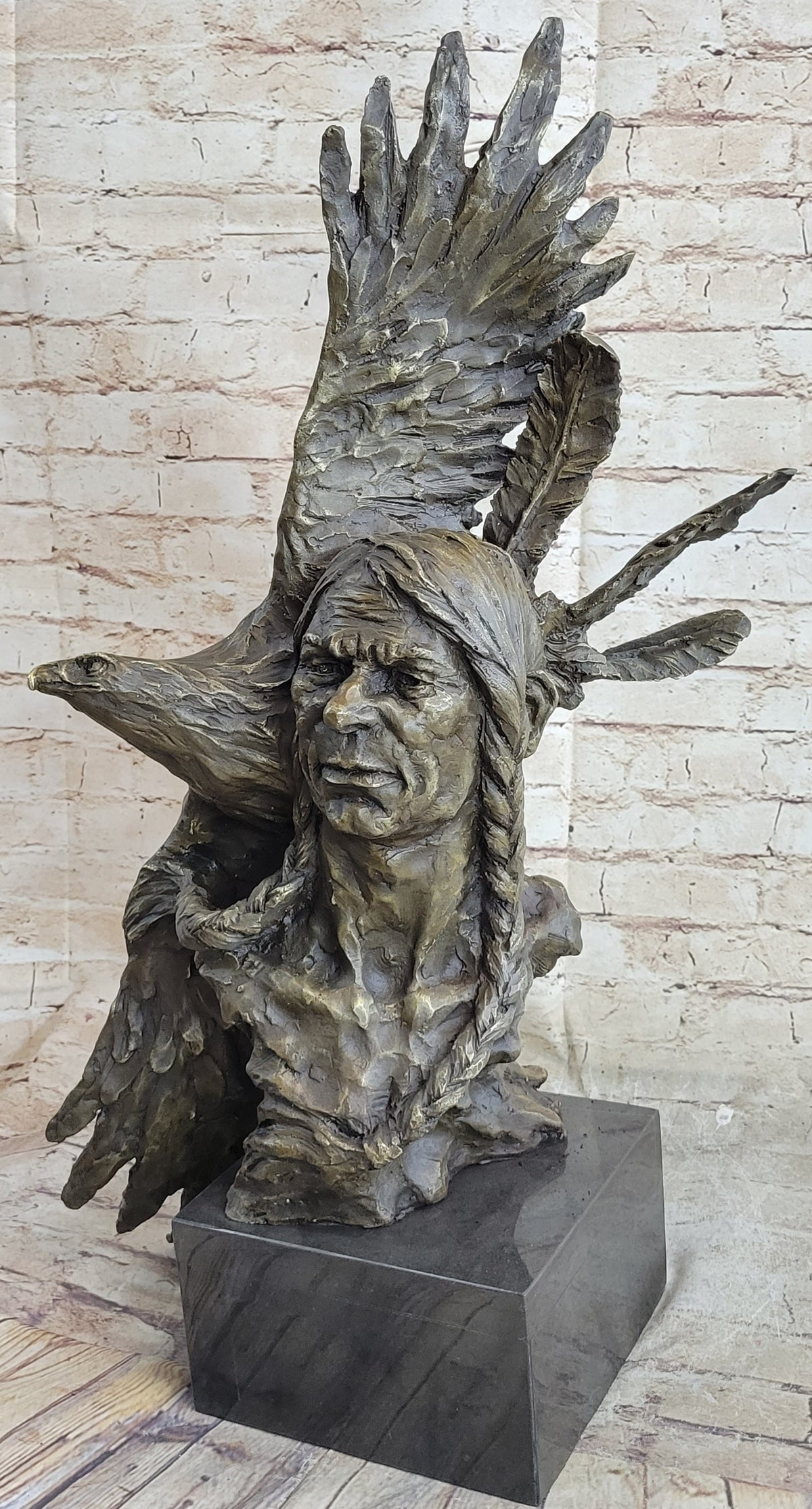 Native American Indian Man and Eagle - Bronze Bust Sculpture by Milo