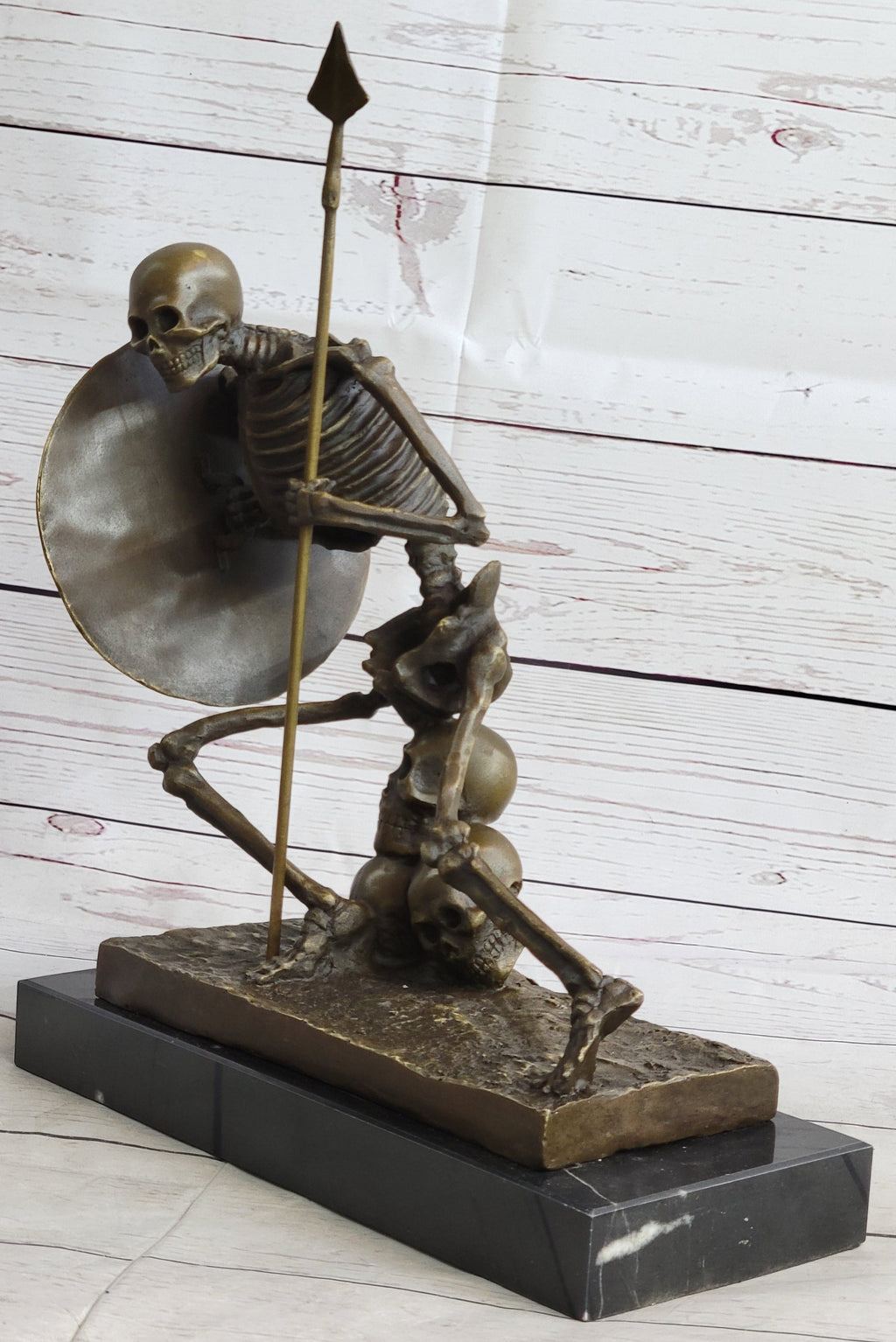 Skeleton Warrior w/ Shield and Spear Bronze Statue Sculpture Marble Base 12" x 10"