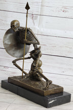 Skeleton Warrior w/ Shield and Spear Bronze Statue Sculpture Marble Base 12" x 10"