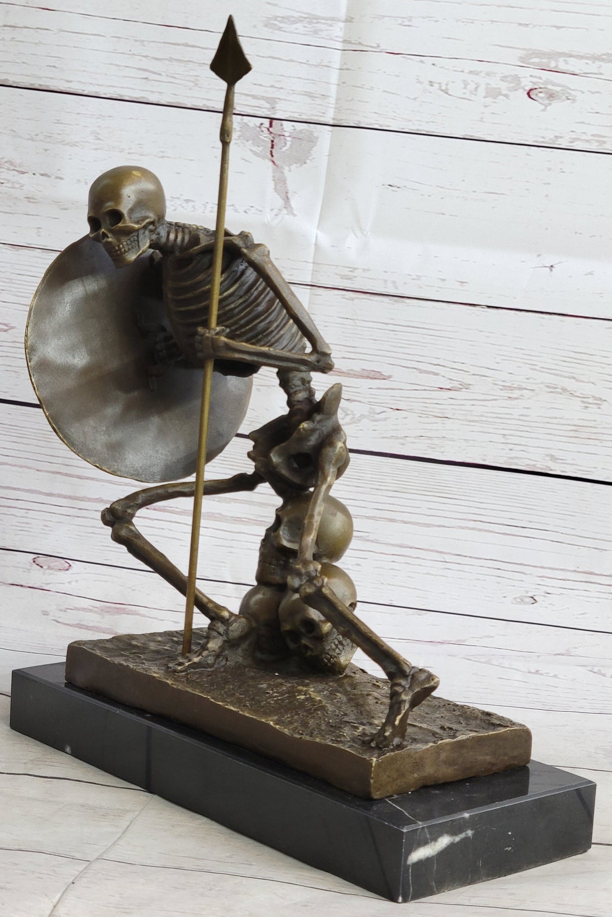 Skeleton Warrior w/ Shield and Spear Bronze Statue Sculpture Marble Base 12" x 10"