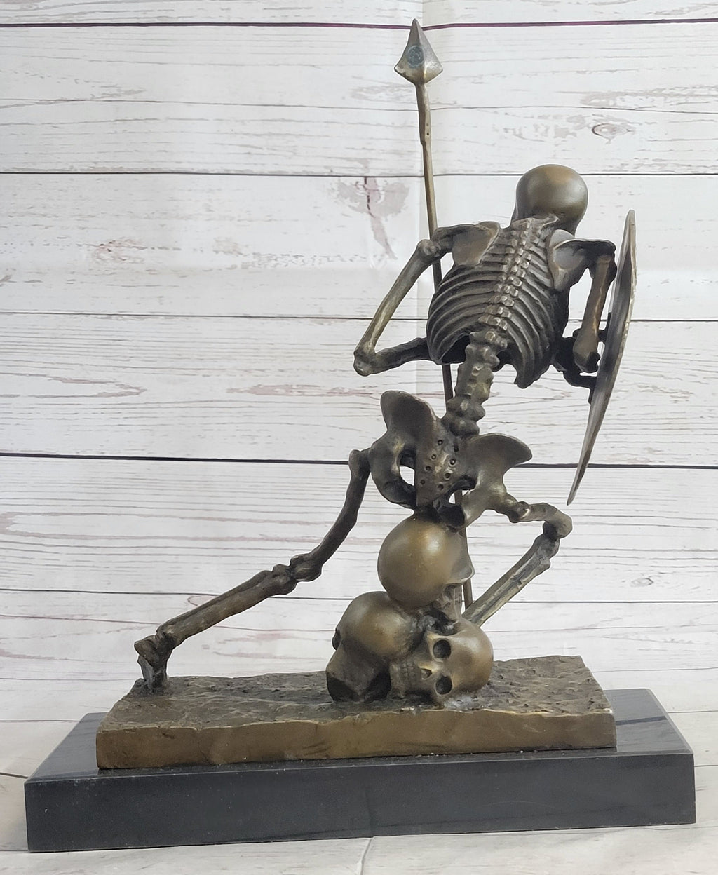 Skeleton Warrior w/ Shield and Spear Bronze Statue Sculpture Marble Base 12" x 10"