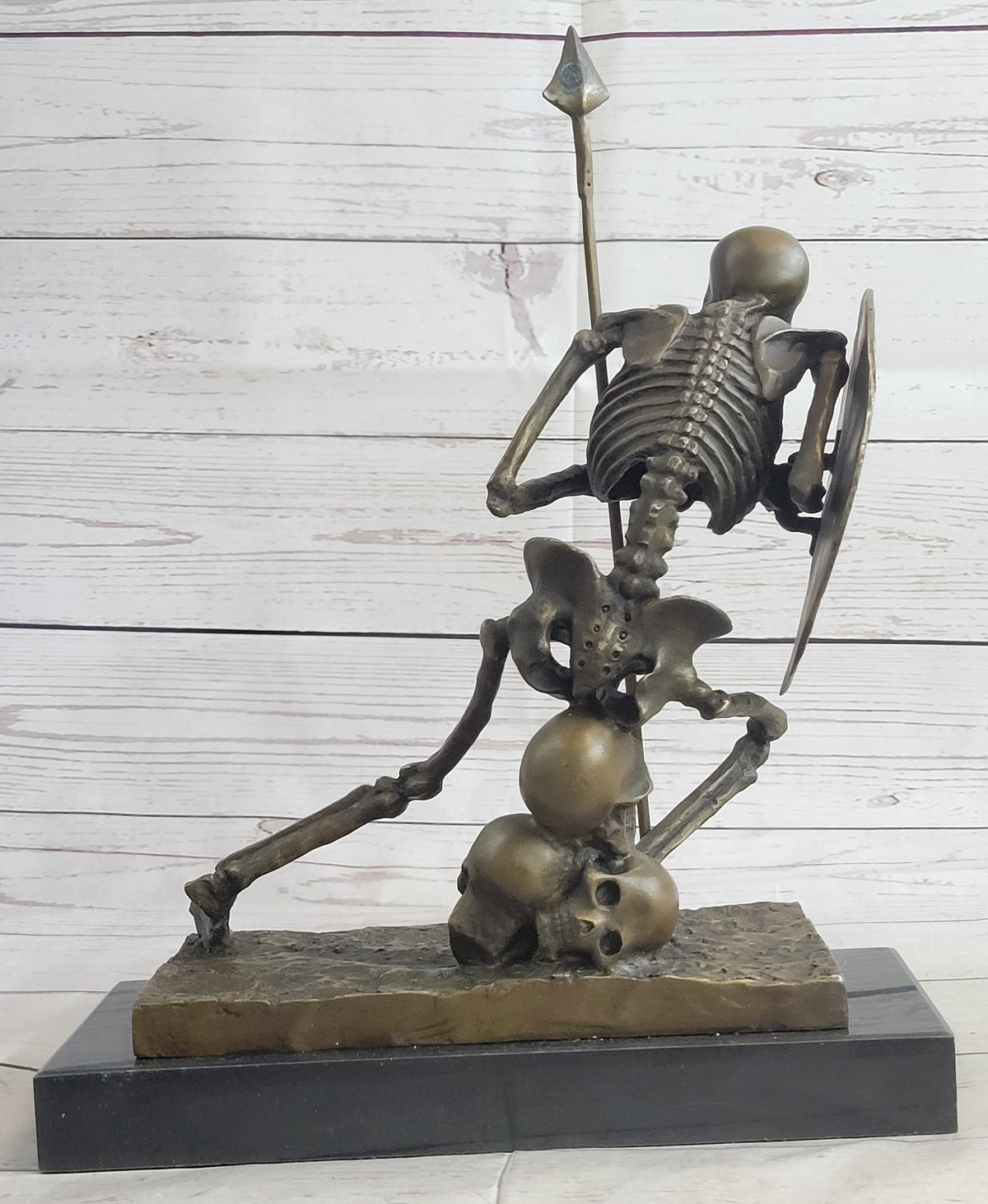 Skeleton Warrior w/ Shield and Spear Bronze Statue Sculpture Marble Base 12" x 10"