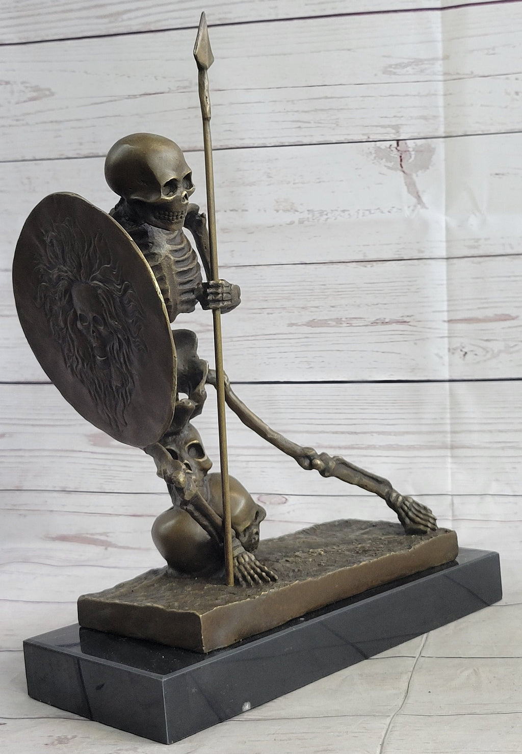 Skeleton Warrior w/ Shield and Spear Bronze Statue Sculpture Marble Base 12" x 10"