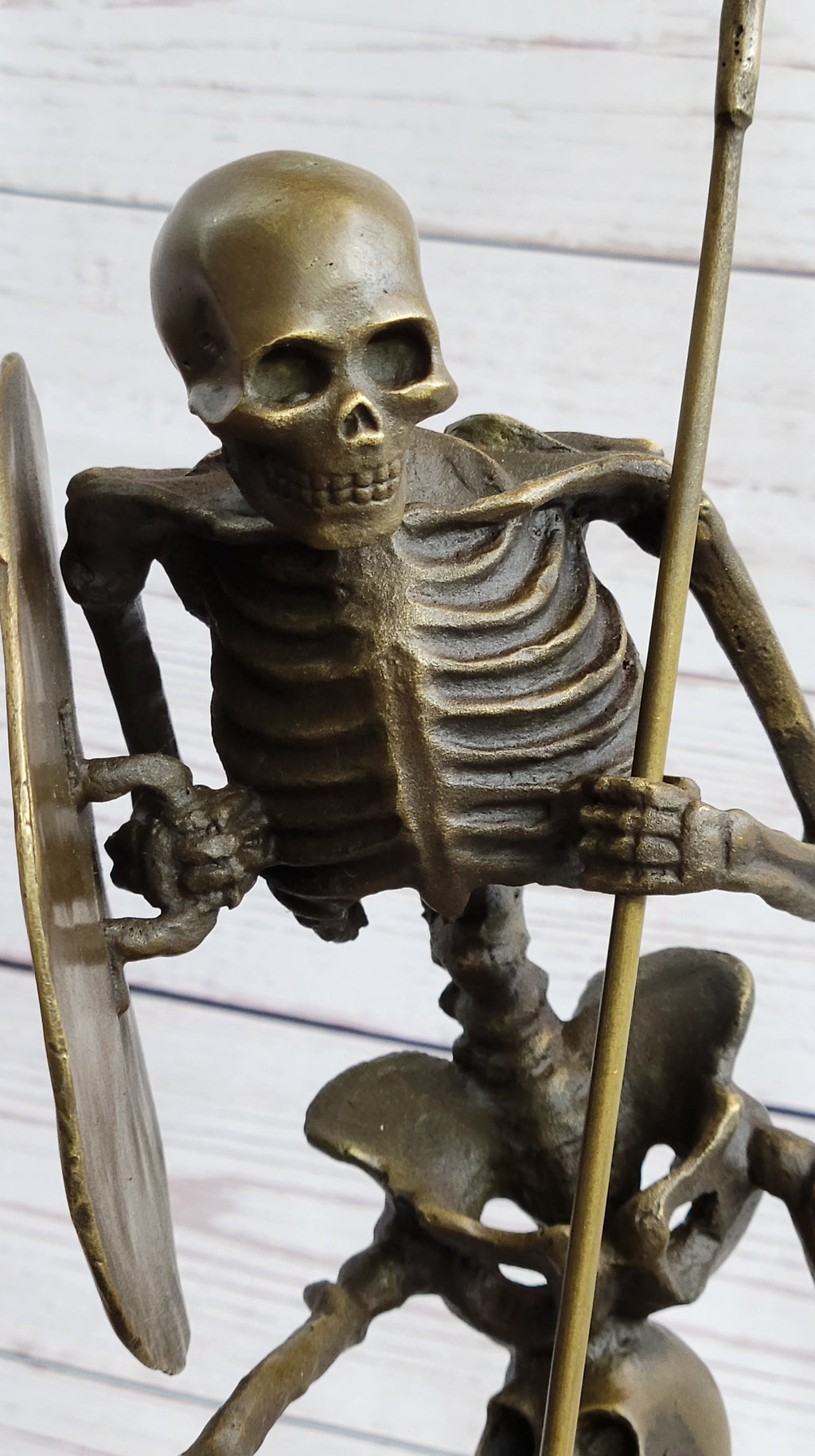 Skeleton Warrior w/ Shield and Spear Bronze Statue Sculpture Marble Base 12" x 10"