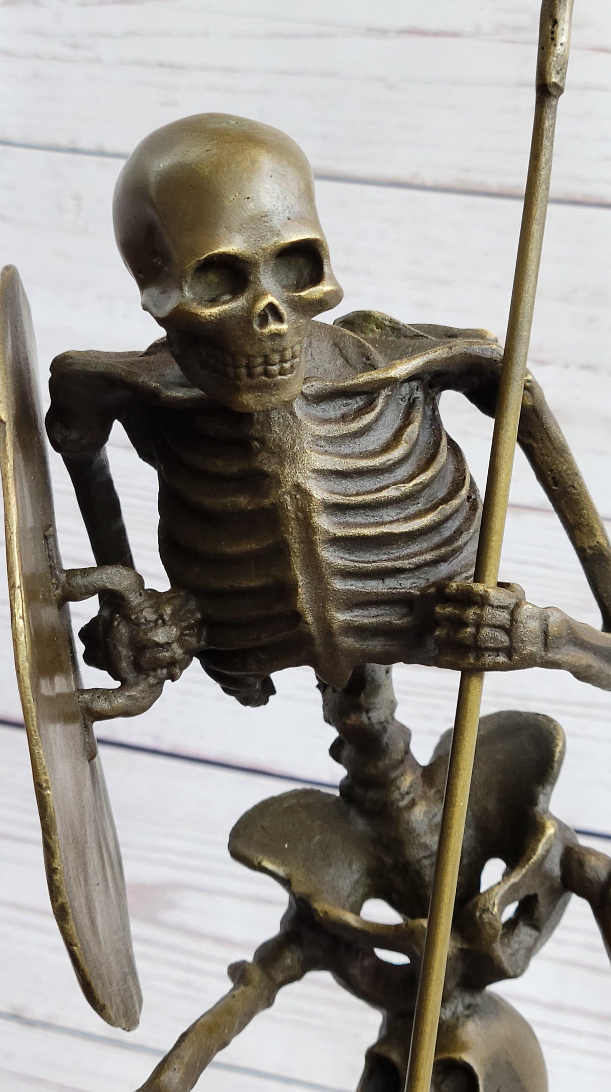 Skeleton Warrior w/ Shield and Spear Bronze Statue Sculpture Marble Base 12" x 10"