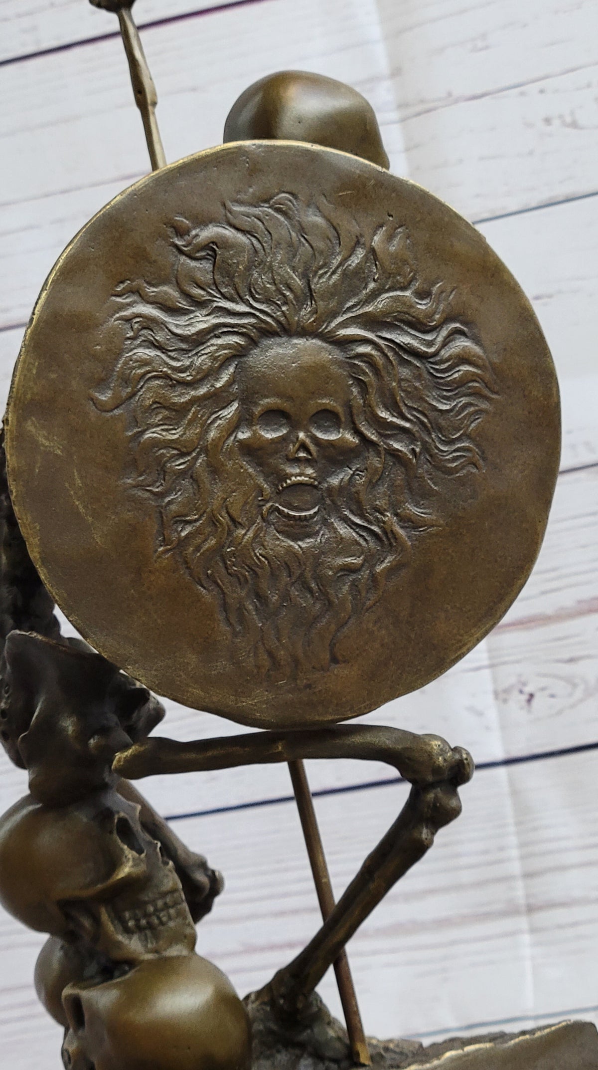 Skeleton Warrior w/ Shield and Spear Bronze Statue Sculpture Marble Base 12" x 10"