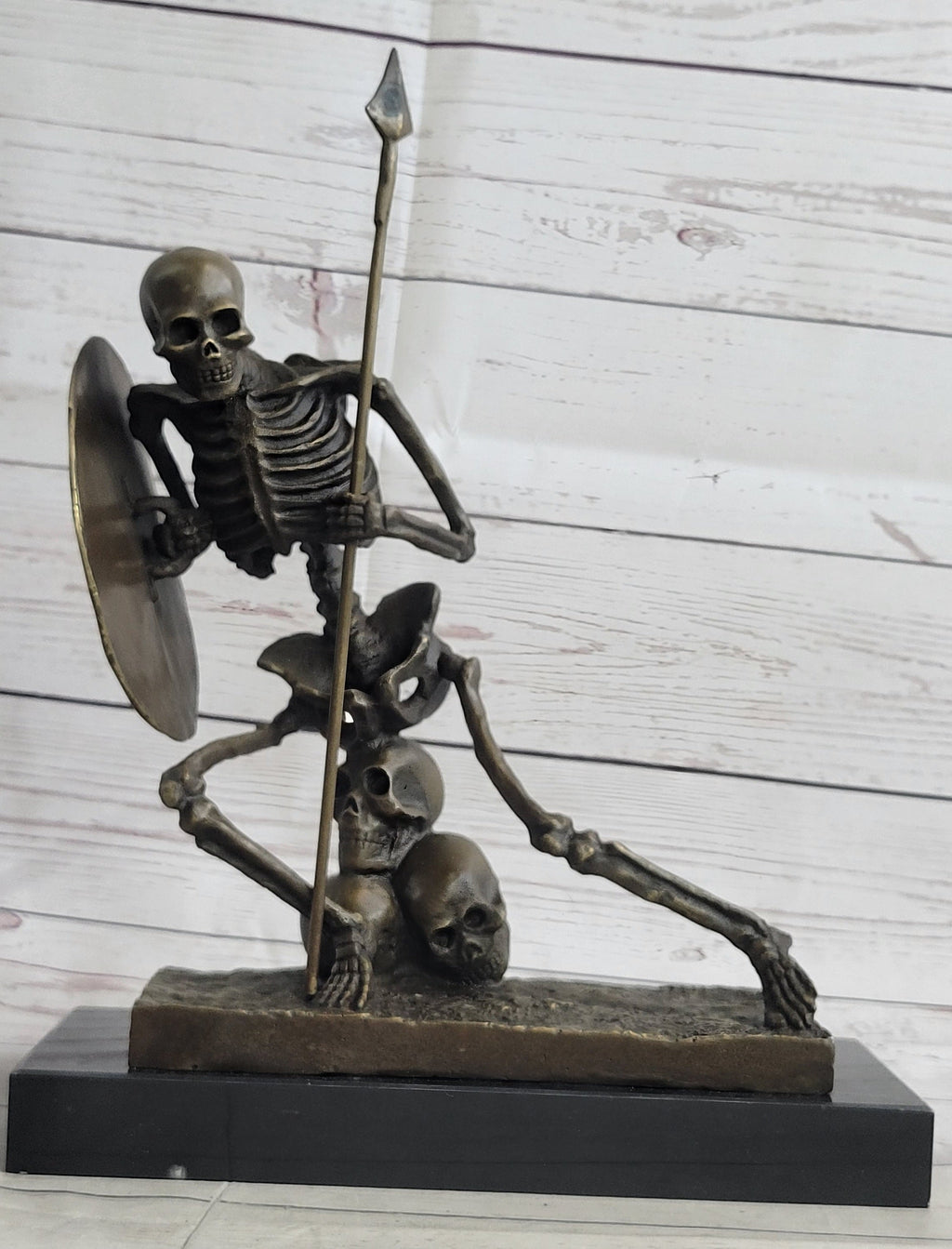 Skeleton Warrior w/ Shield and Spear Bronze Statue Sculpture Marble Base 12" x 10"