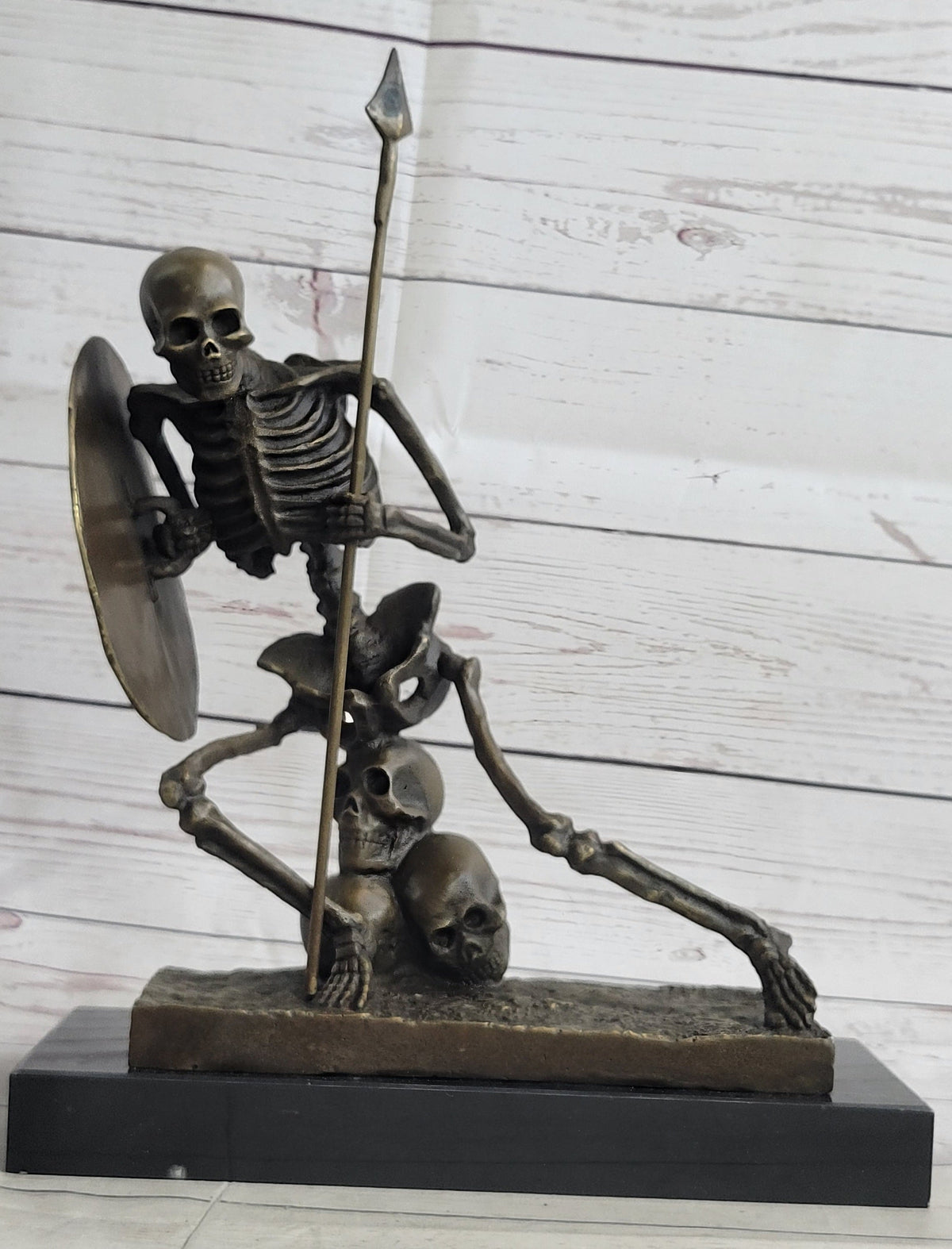 Skeleton Warrior w/ Shield and Spear Bronze Statue Sculpture Marble Base 12" x 10"