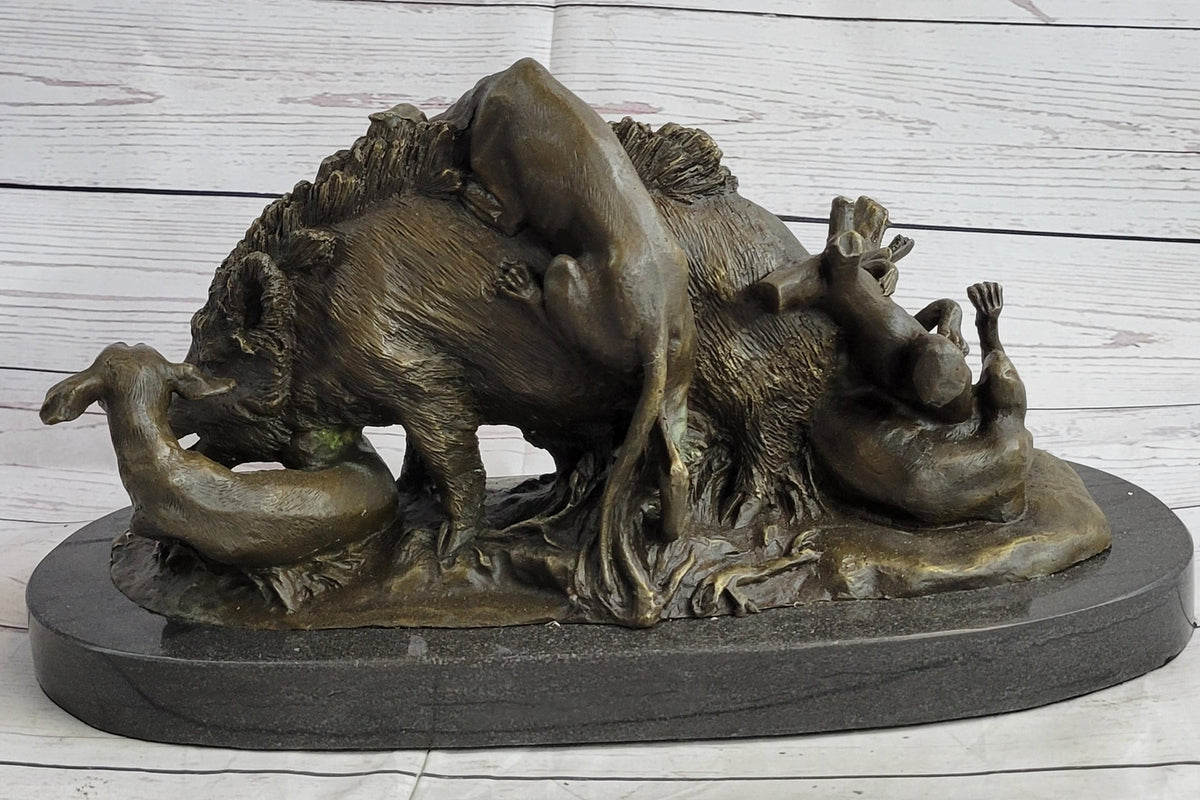Boar Attacked by Wild Dogs Hot Cast Bronze Sculpture Statue Art by Lecourtier