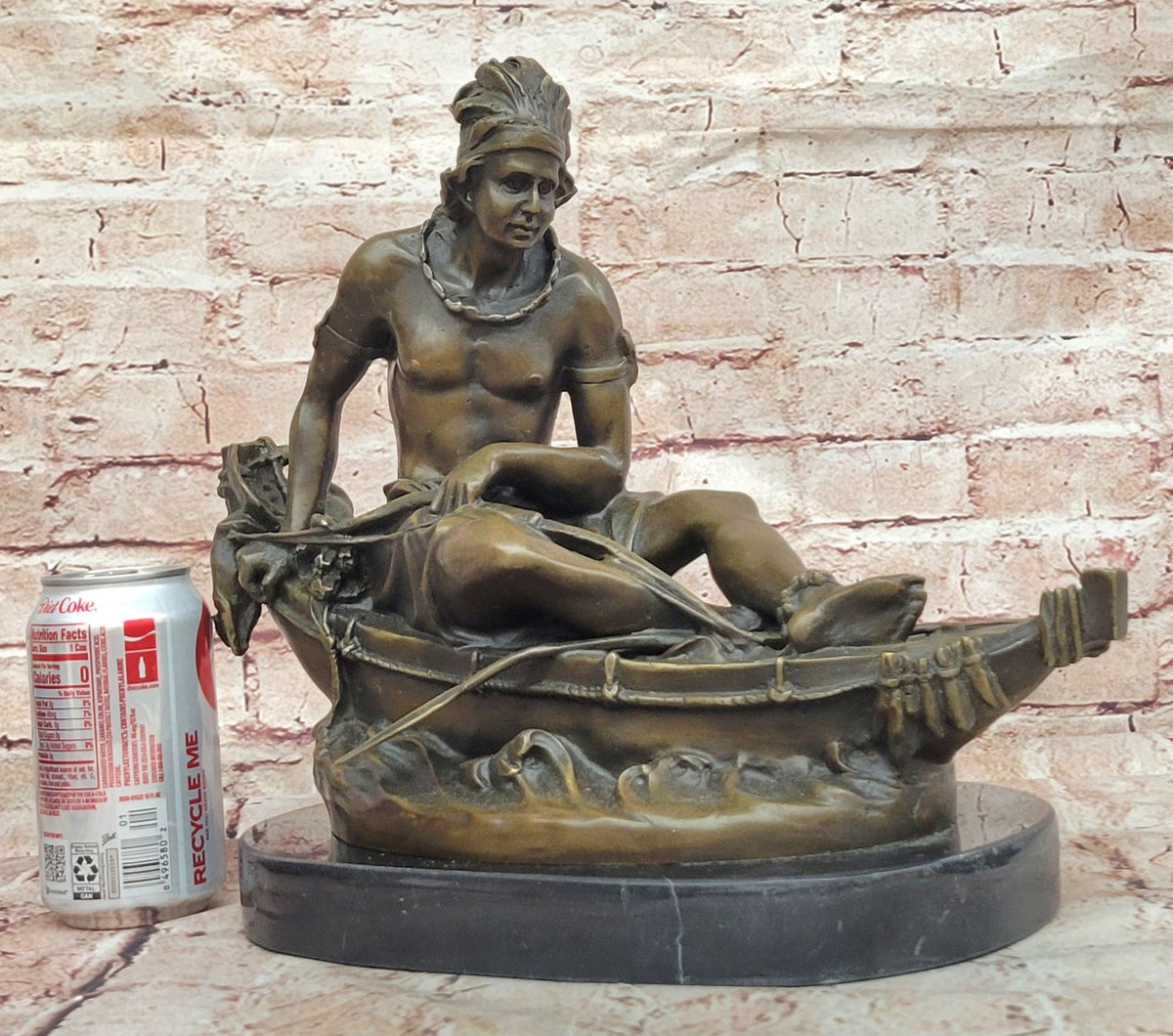 Bronze Native American Canoe Sculpture – Indian Warrior in Boat Statue