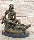 Bronze Native American Canoe Sculpture – Indian Warrior in Boat Statue
