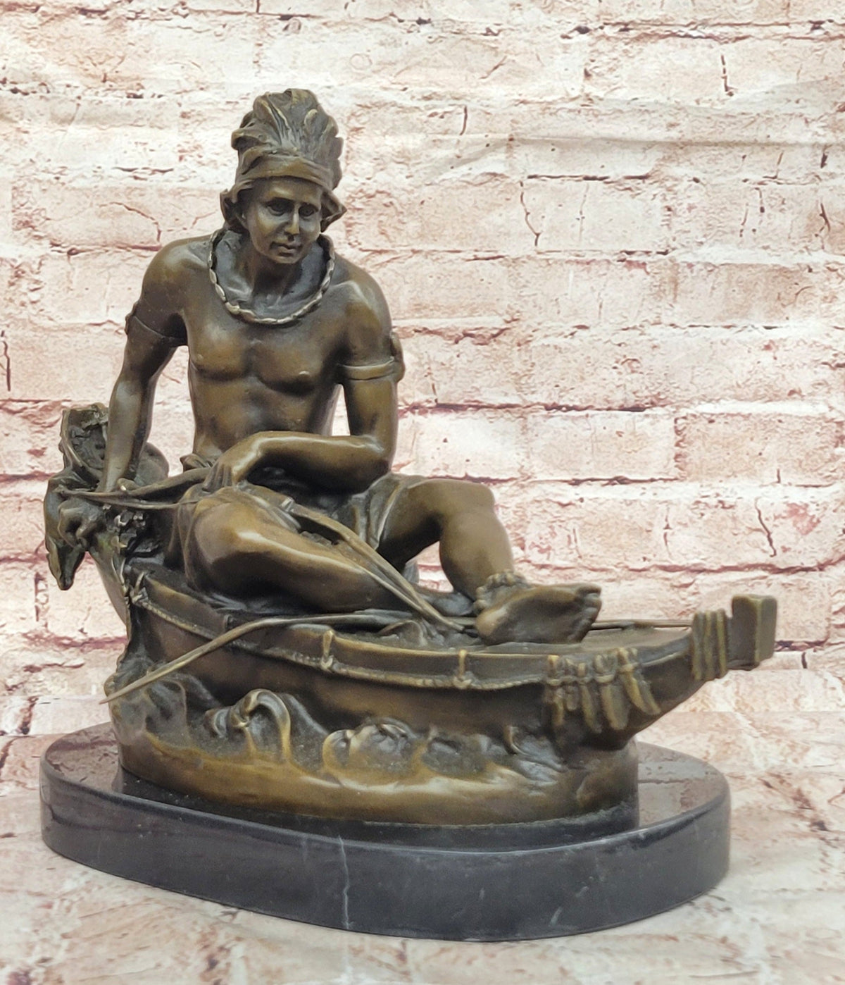 Bronze Native American Canoe Sculpture – Indian Warrior in Boat Statue