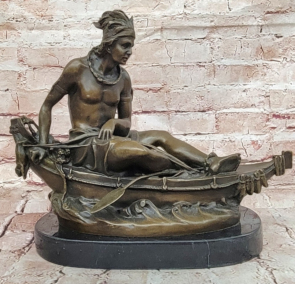 Bronze Native American Canoe Sculpture – Indian Warrior in Boat Statue