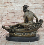 Bronze Native American Canoe Sculpture – Indian Warrior in Boat Statue