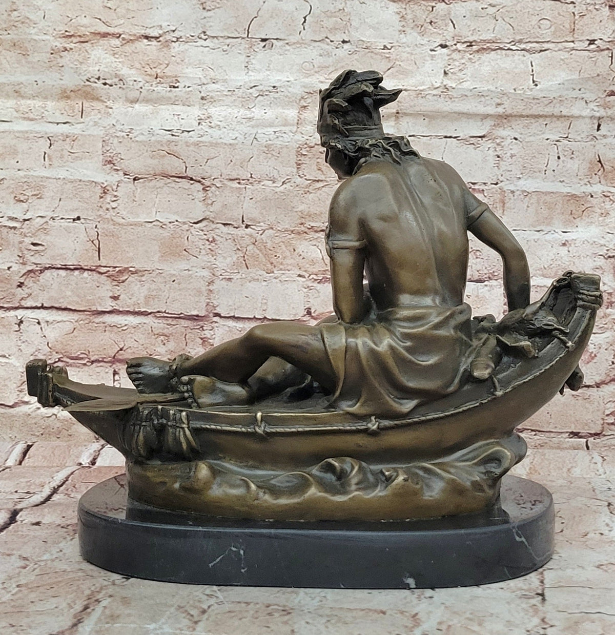 Bronze Native American Canoe Sculpture – Indian Warrior in Boat Statue