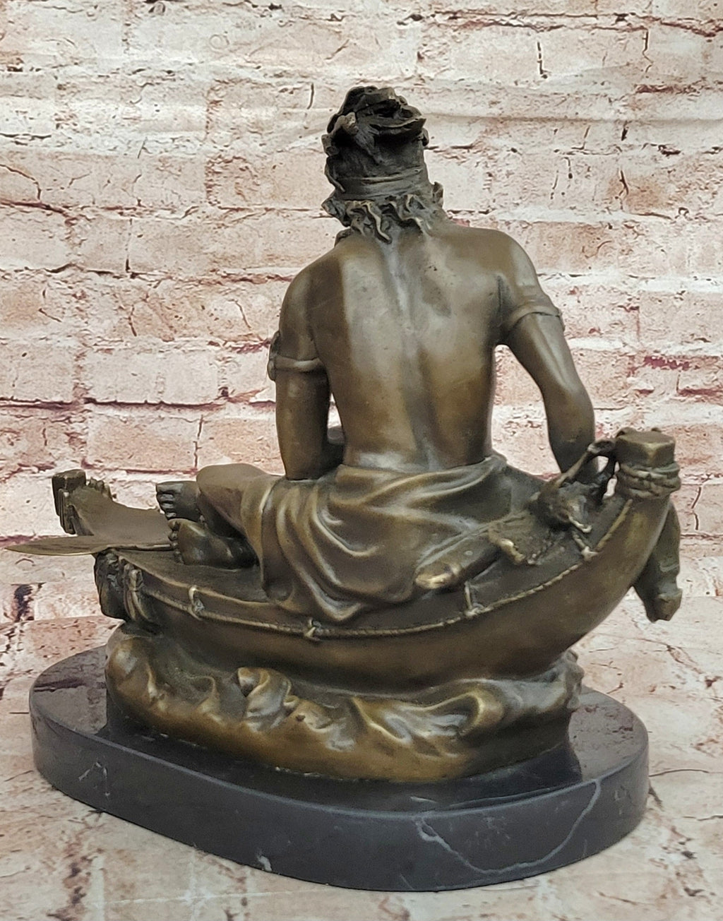Bronze Native American Canoe Sculpture – Indian Warrior in Boat Statue