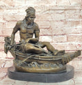 Bronze Native American Canoe Sculpture – Indian Warrior in Boat Statue