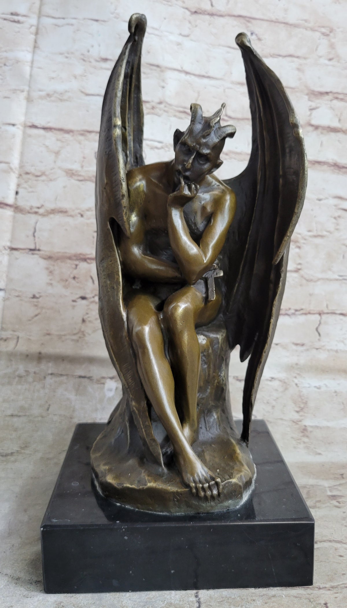 Bronze Marble Statue Lucifer Demon Fallen Angel Satan Crucifix Cross Figurine
