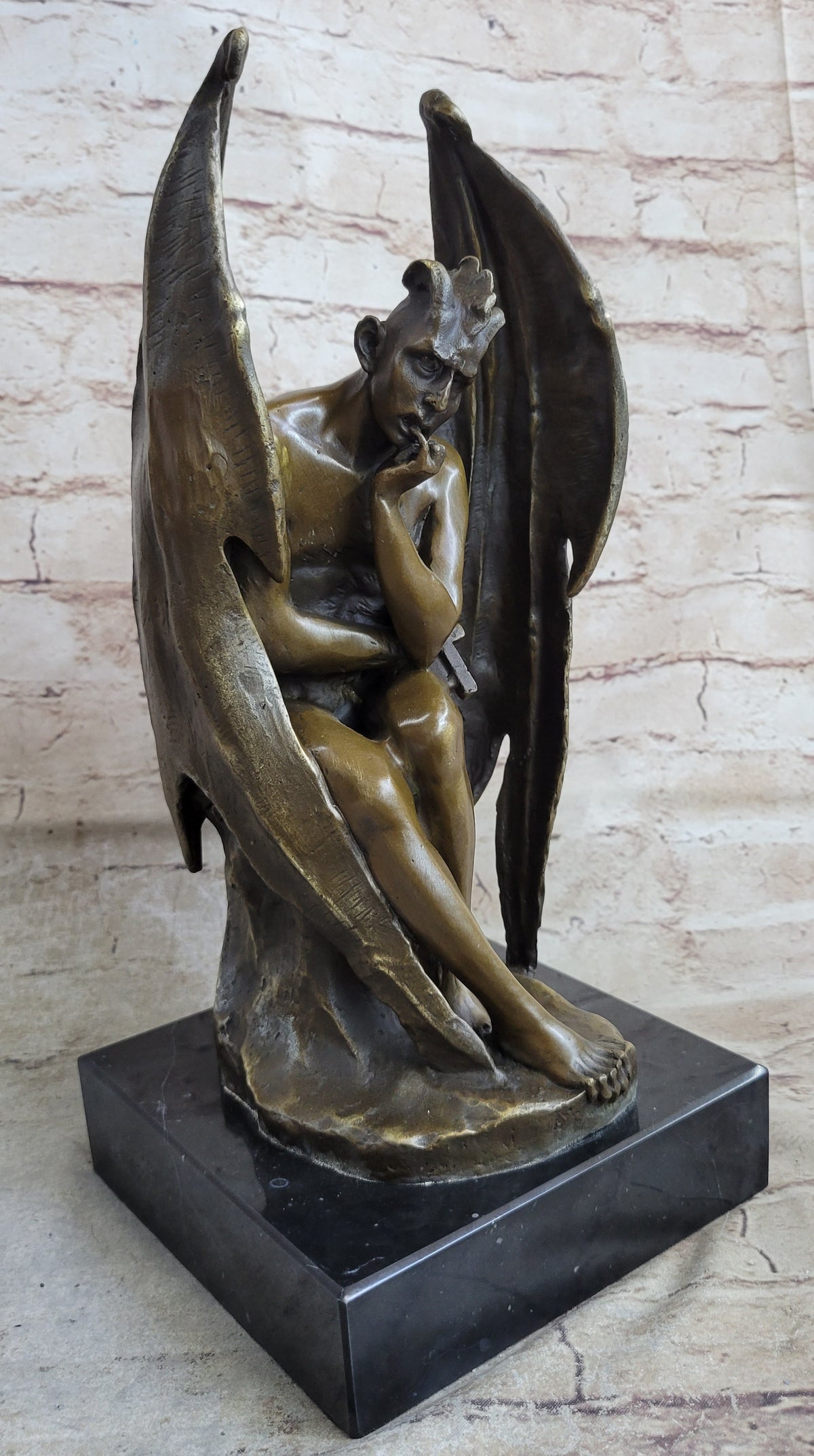 Bronze Marble Statue Lucifer Demon Fallen Angel Satan Crucifix Cross Figurine