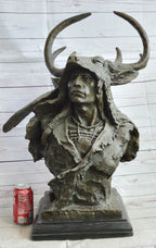 Native American Indian Chief in Antler Headdress Bronze Statue Sculpture Decor on Marble Base