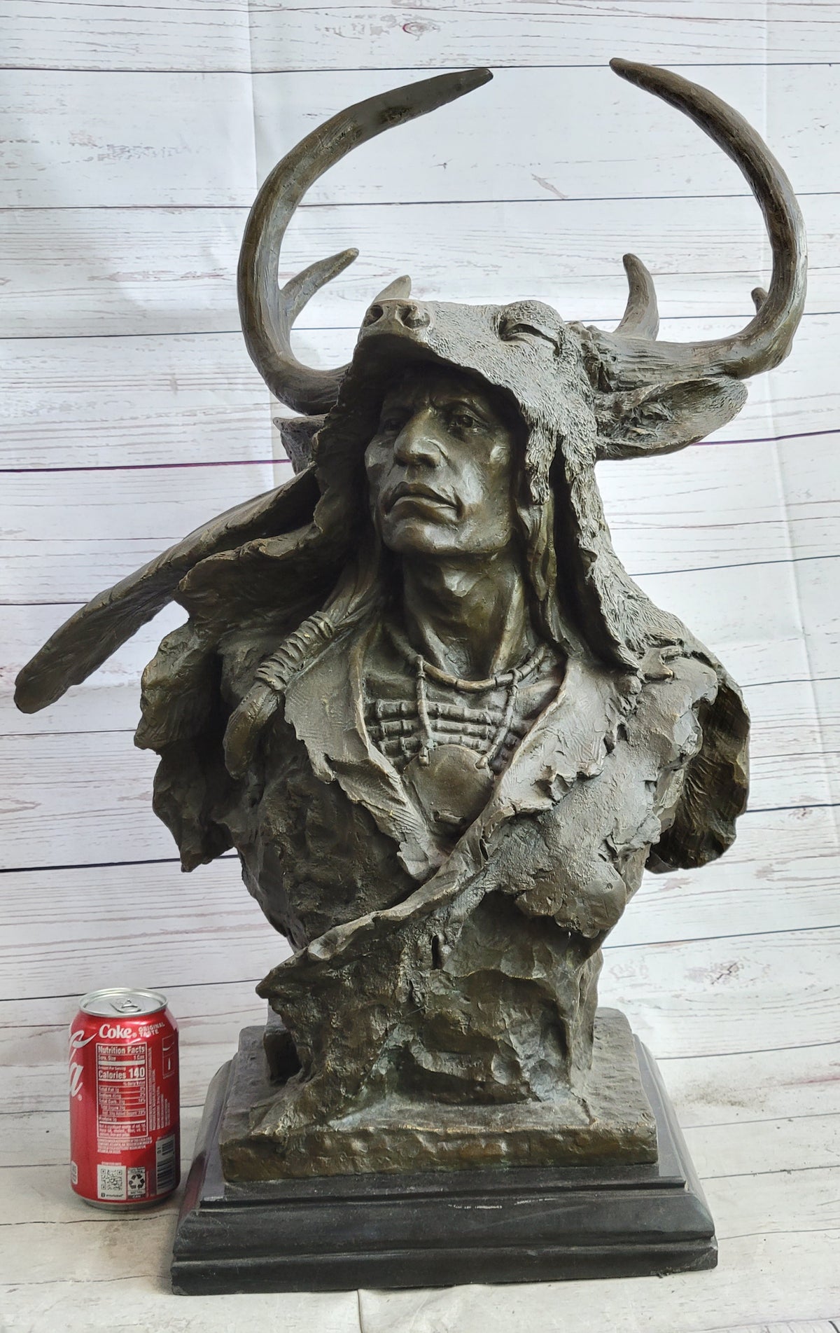 Native American Indian Chief in Antler Headdress Bronze Statue Sculpture Decor on Marble Base