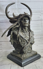 Native American Indian Chief in Antler Headdress Bronze Statue Sculpture Decor on Marble Base