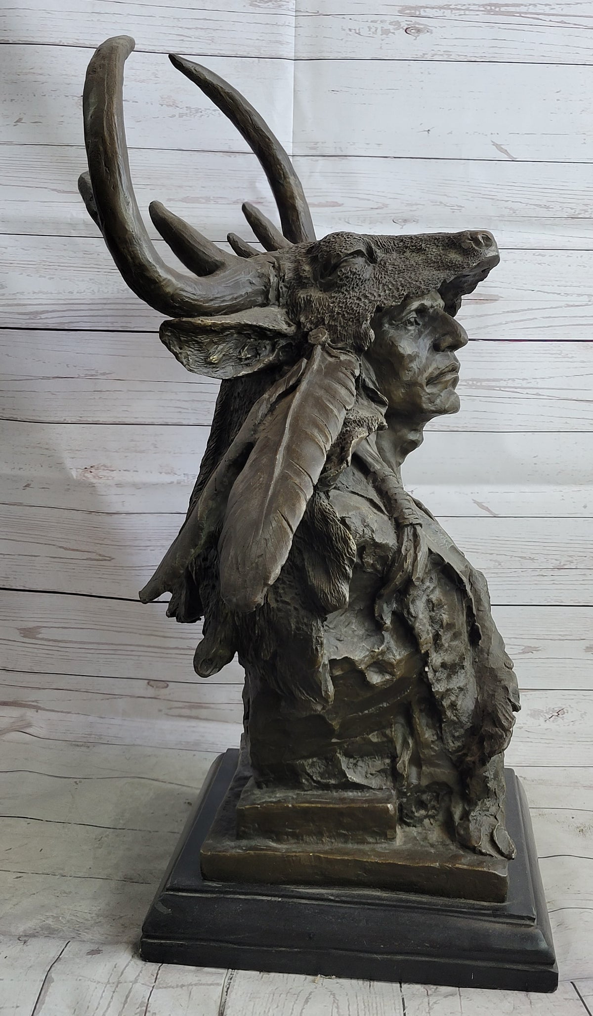 Native American Indian Chief in Antler Headdress Bronze Statue Sculpture Decor on Marble Base